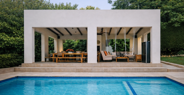 Outdoor pool pavilion with clean architectural lines, open-plan living and contemporary African outdoor design