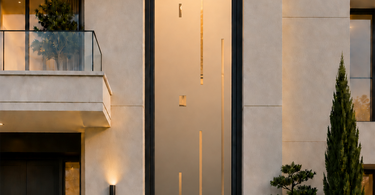 Modern house facade featuring a tall double-volume window with soft ombré frosting, warm interior light, black framing, and minimalist vertical cut-out details.