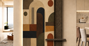NIZARRA geometric canvas art print mounted on a textured backing board with warm backlighting in a modern neutral interior.