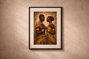 Framed Afro-modern African wall art titled The Union – Sankofa III, featuring a couple in earthy ochre and umber tones, displayed on a textured warm neutral plaster wall.