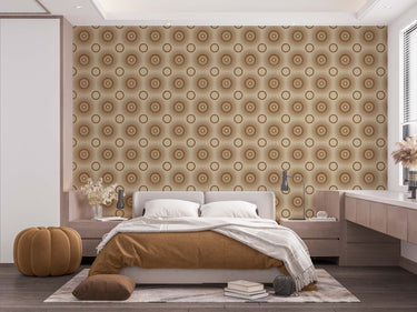 A bedroom with complete bedroom furniture and bedding. On the one wall is a wallpaper with a beige background and brown circles.