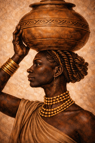 Close-up detail of The Bearer – Sankofa I by NIZARRA, highlighting clay vessel texture, gold jewelry, and rich earthy tones”