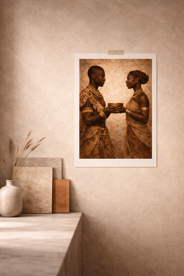 The Offering by NIZARRA, archival African art print styled on a textured wall with neutral decor in an Afro-modern interior setting