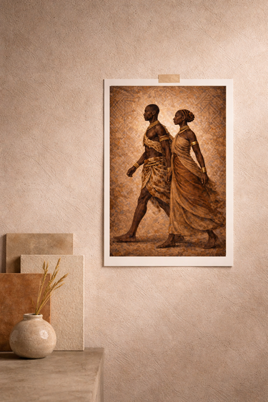 Sankofa The Passage IV framed wall art in black wood frame with stone mount, displayed on a textured warm neutral plaster wall
