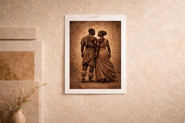 Sankofa The Return archival paper wall art print mounted on textured neutral wall with soft earthy tones