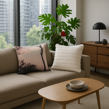 Modern living room with beige sofa, wooden coffee table, and decorative items.
