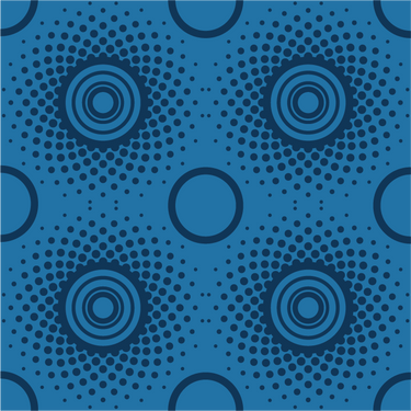 Wallpaper with a pattern consisting of a repeat pattern of circles, arrange in rows. row 1  concentric circles and dots surrounding the circles. row 2 plain rings. Background is royal blue, circles and dots are navy blue. 