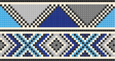 On a wall is a Zulu inspired wallpaper with a geometric repeat pattern of triangles and diamond shapes. Colours light blue, navy blue, black and white. 