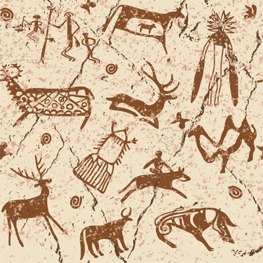 Wallpaper with  a beige background, and brown coloured graphics that look like cave Khoisan drawings.