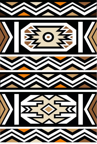 Ndebele pattern geometric wallpaper with with various geometric shapes in a repeating order. Colours brown, beige, black and white