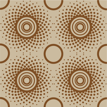 Wallpaper with a pattern consisting of a repeat pattern of circles, arrange in rows. Row 1  concentric circles and dots surrounding the circles. Row 2 plain rings. Background is beige, circles and dots are brown.