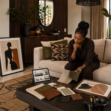 Interior designer reviewing fabric samples, colour swatches, artwork and furniture references in a warm contemporary living room.