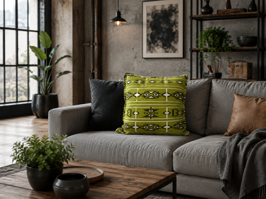 Add heritage-led colour to your home with NIZARRA’s green Sepedi-inspired cushion, featuring bold geometric motifs in olive, cream and deep charcoal.