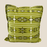 Front view of the square green NIZARRA Sepedi-inspired cushion featuring olive, dark green and cream geometric motifs.