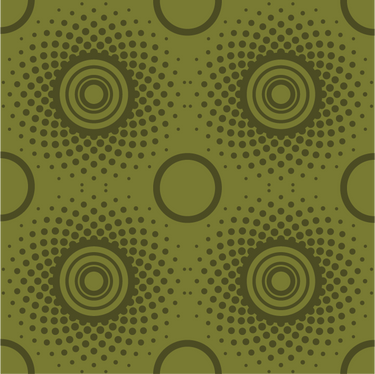 Wallpaper with a pattern consisting of a repeat pattern of circles, arrange in rows. Row 1  concentric circles and dots surrounding the circles. row 2 plain rings. Background is olive green, circles and dots are dark green.