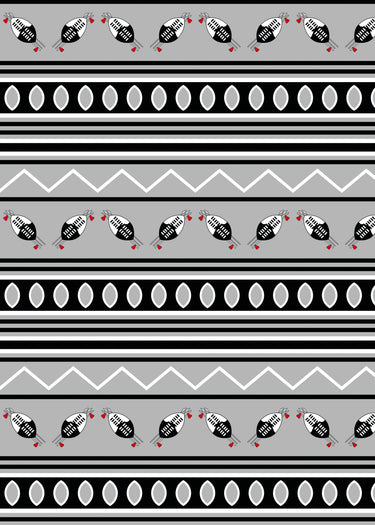 Swazi inspired wallpaper grey background with geometric repeat pattern of zig zag lines and shield and spear graphics and oval shapes in colours black and white. 