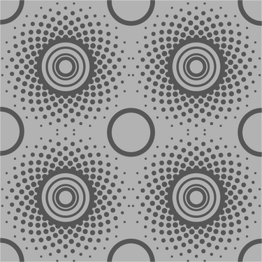 Wallpaper with a pattern consisting of a repeat pattern of circles, arranged in rows. Row 1  concentric circles and dots surrounding the circles. Row 2 plain rings. Background is light grey, circles and dots are dark grey.
