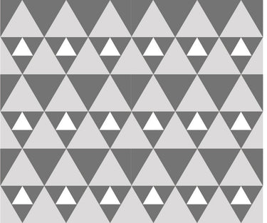 Wallpaper with 3 types of joined triangles. 2 large dark grey and light grey triangles, and small white and dark grey grey triangles.  