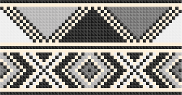 On a wall is a Zulu inspired wallpaper with a geometric repeat pattern of triangles and diamond shapes. Colours grey, black and white. 