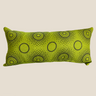 Front view of a 50 x 20 cm lime green NIZARRA lumbar cushion with dark circular and dotted Setswana-inspired motifs.