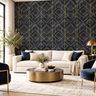 Contemporary living room with Midnight Gold black and gold Art Deco wallpaper, cream sofa, navy accent chairs and a round brass coffee table.