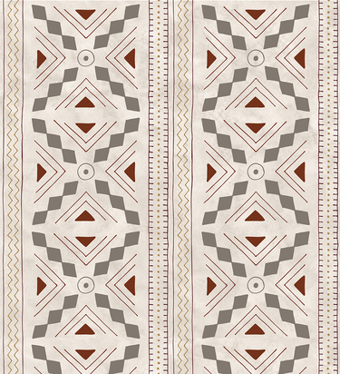 Close-up of NIZARRA Axis wallpaper showing two repeating 50 cm panels with terracotta chevrons, stepped warm-grey shapes, circular motifs and decorative ochre and burgundy vertical borders on a textured stone background.