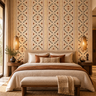 Contemporary boutique bedroom with NIZARRA Axis geometric wallpaper behind an upholstered headboard, styled with natural linen bedding, warm timber furniture and woven pendant lights.
