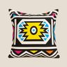 NIZARRA Ndebele scatter cushion with a bold black and white geometric pattern, yellow central motif, blue, pink and orange accents, shown on a warm neutral background.