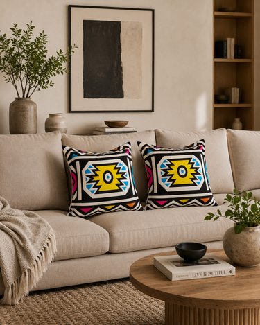Two NIZARRA geometric Ndebele cushions styled on a neutral beige sofa in a warm modern living room with wood accents, abstract wall art, ceramics and natural textures.