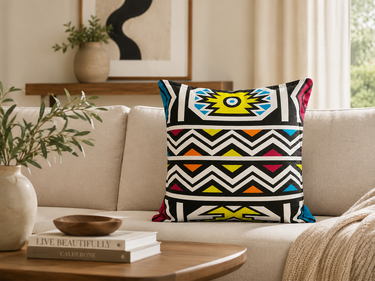 Close-up of a NIZARRA Ndebele-inspired cushion with black, white, yellow, blue, orange and pink geometric motifs on a cream sofa.