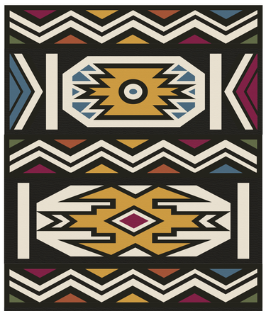 Full NIZARRA Ndebele-inspired wallpaper design showing repeating ochre geometric medallions, ivory zigzag bands and burgundy, blue and terracotta accents on black.