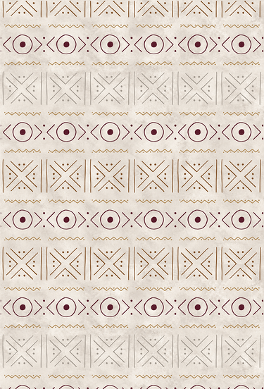 Full pattern view of NIZARRA Pulse wallpaper from the Earthscript Collection, featuring burgundy circular motifs, alternating brown and soft grey X-shaped geometry, ochre zigzag lines and a textured stone background.