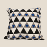 Front product view of a NIZARRA Xhosa-inspired cushion with black, white, grey and cobalt-blue geometric triangle pattern.
