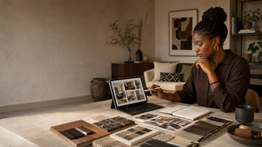 NIZARRA designer reviewing a digital inspiration board, room images, colour samples and material finishes to create a coordinated design direction.