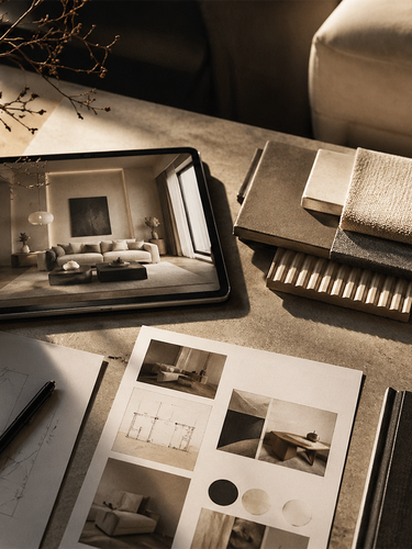 Afro-modern interior design workspace featuring material samples, architectural sketches, and a digital room concept displayed on a tablet. Warm neutral textures, sculptural styling, and layered finishes reflect the NIZARRA Space Audit process and spatial design direction.