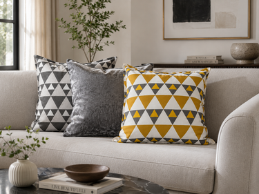 Mustard, grey, and white Xhosa-inspired geometric cushion styled on a neutral sofa with grey accent cushions in a calm modern living room.