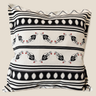 Front view of a black and white Swazi-inspired decorative cushion featuring geometric stripes, oval motifs, and traditional pattern detailing on a neutral background.