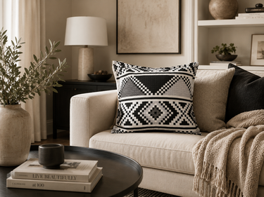 Black, white and grey Zulu-inspired geometric cushion styled on a neutral sofa in a warm Afro-modern living room setting.
