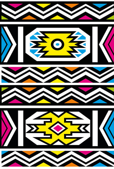 Ndebele pattern geometric wallpaper with with various geometric shapes in a repeating order. Colours blue, white, black, yellow and pink. 