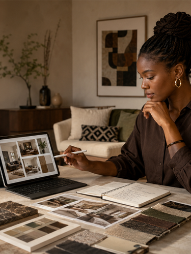 NIZARRA designer reviewing a digital inspiration board, room images, colour samples and material finishes to create a coordinated design direction.