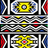Ndebele pattern geometric wallpaper with with various geometric shapes in a repeating order. Colours blue, black, white, yellow, red.