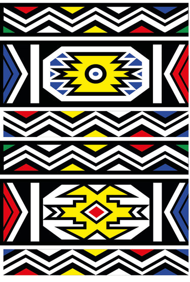 Ndebele pattern geometric wallpaper with with various geometric shapes in a repeating order. Colours blue, black, white, yellow, red.