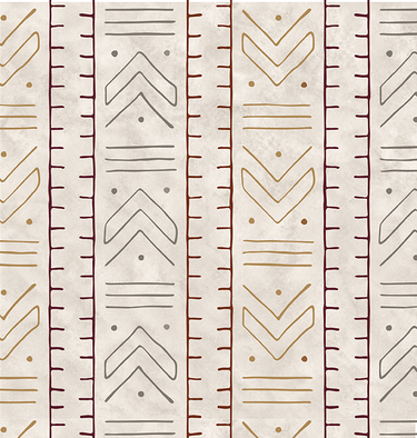 Flat pattern of NIZARRA Strata geometric wallpaper featuring repeating vertical chevrons, dots and hand-drawn lines in ochre, warm grey, rust and burgundy on a textured stone background.