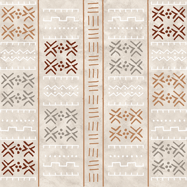 Flat pattern of NIZARRA Terra Rhythm wallpaper featuring repeating mudcloth-inspired geometric markings in terracotta, deep rust, warm grey and white on a textured stone background.
