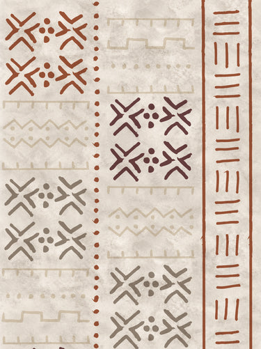 Flat pattern of NIZARRA Terra Rhythm wallpaper featuring repeating mudcloth-inspired geometric markings in terracotta, deep rust, warm grey and white on a textured stone background.