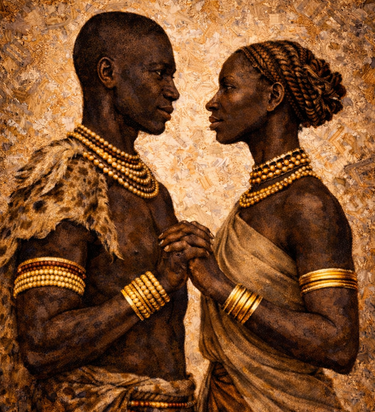 Close-up detail of The Union Sankofa III artwork showing African couple, rich textures, beadwork, and warm earthy tones.