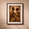 Framed Afro-modern African wall art titled The Union – Sankofa III, featuring a couple in earthy ochre and umber tones, displayed on a textured warm neutral plaster wall.