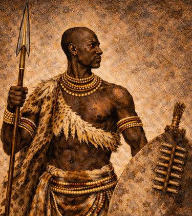 A warrior in traditional attire holding a spear and shield against a textured brown background