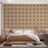 A bedroom with complete bedroom furniture and bedding. On the one wall is a wallpaper with a beige background and brown circles.