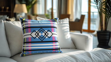 NIZARRA Venda-inspired geometric cushion styled on a white sofa in a softly sunlit modern living room.
